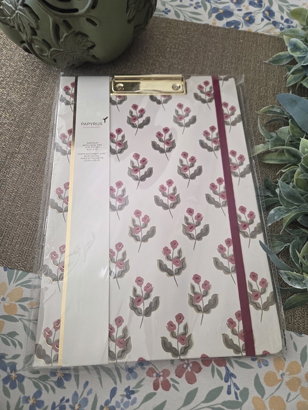 Papyrus Floral Clipboard Journal with Gold Clip and Pink Elastic